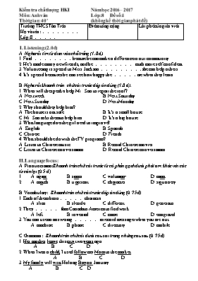Đề kiểm tra chất lượng học kì I Tiếng anh lớp 8 - Năm học 2016-2017 - Phòng GD & ĐT Quảng Xương